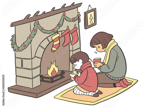 Cozy Christmas scene with a fireplace and two people