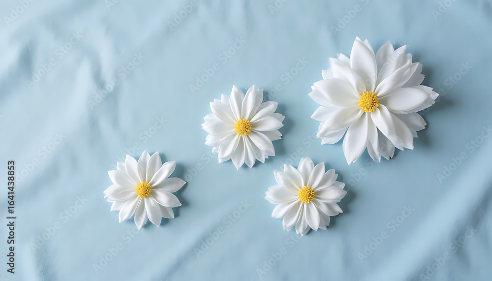 Obraz premium Four delicate white daisy shaped cookies with yellow centers on a pastel blue fabric background