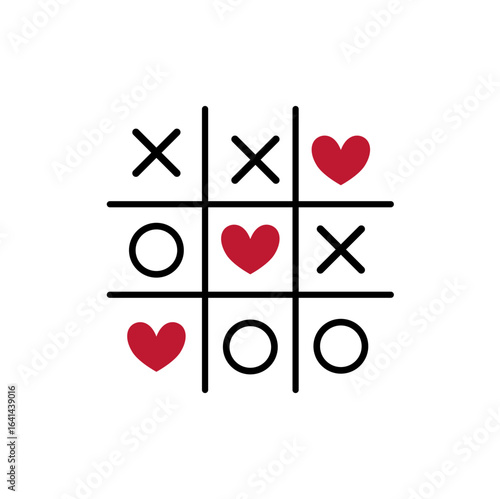 Tic tac toe game with hearts. Romantic game of tic tac toe love print . Vector illustration