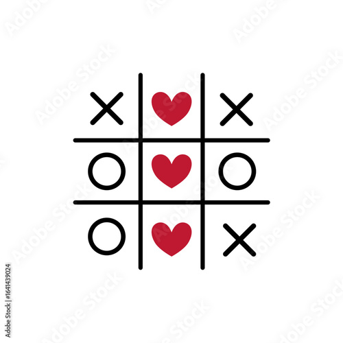 Tic tac toe game with hearts. Romantic game of tic tac toe love print . Vector illustration