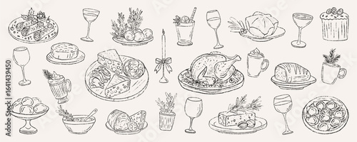 Set of traditional winter Italian food for festive Natale and Capodanno dinner. Featuring struffoli, cannoli, pandoro star bread, cured meat, grill chicken, panettone. Hand drawn vector illustration.