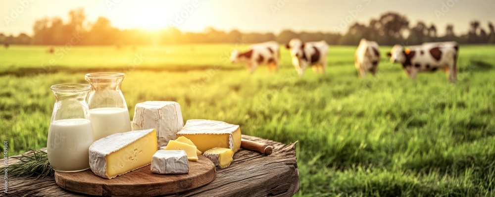 Fototapeta premium Dairy Delight: Farm Fresh Cheese and Milk at Sunset