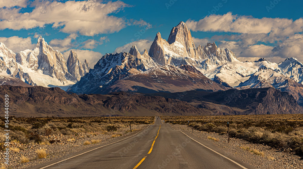 Fototapeta premium Straight Road with Yellow Divider Leading to Snow-Capped Mountains and Vast Wilderness, Conveying Exploration and Nature's Grandeur