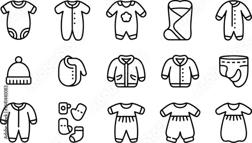 Collection of hand drawn baby clothing icons featuring onesies pajamas hats bibs and swaddling clothes