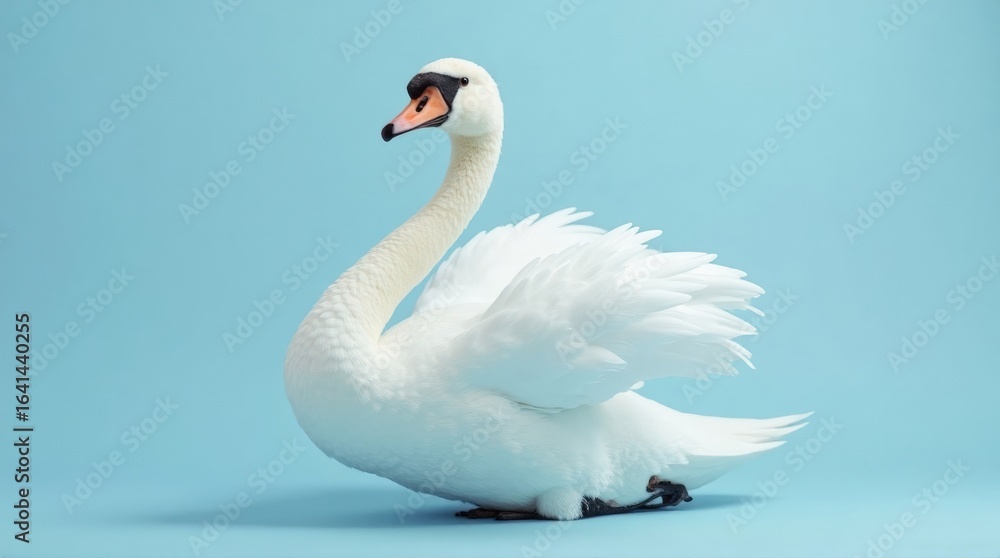 Fototapeta premium White Swan Sitting on Blue Background with Bright Lighting for Nature and Wildlife Content