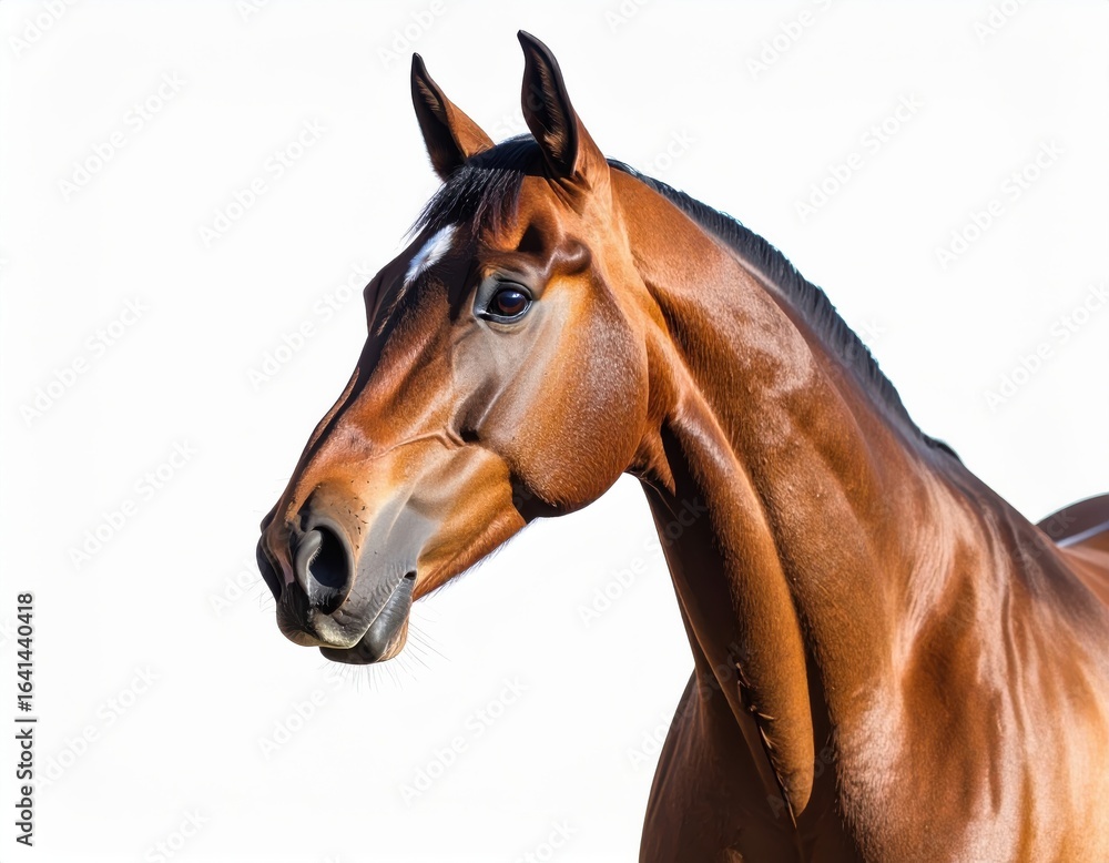 Fototapeta premium Close-up of a brown thoroughbred horse with a sleek shiny coat and alert ears against a plain white background, showcasing detailed facial features and natural beauty