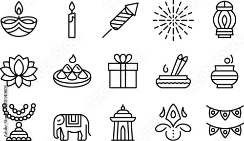 Collection of diwali festival icons featuring diyas candles fireworks gifts incense and decorative elements