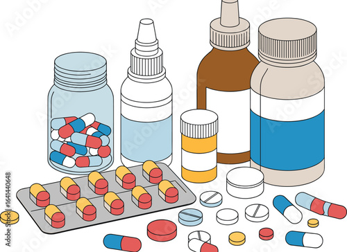 Various medicine bottles, capsules, tablets, pills, blister pack, prescription drugs, healthcare products, pharmaceutical items, medical supplies, colorful vector illustration