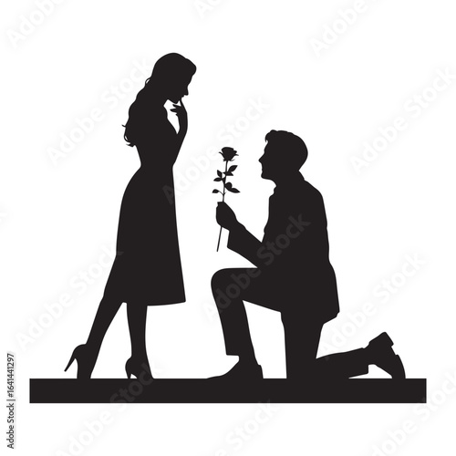 Romantic silhouette of a man proposing to a woman with a rose