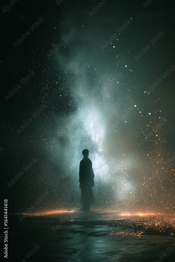 Obraz premium 빛 속에 서 있는 사람, 어둠 속의 황금빛 입자