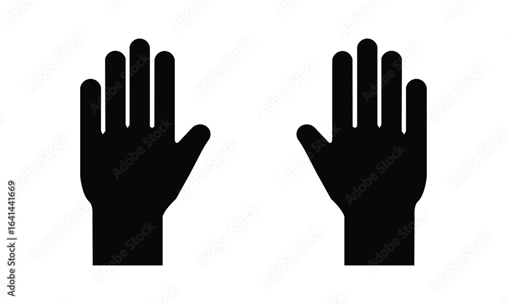 Black silhouette of two raised hands on a white background, symbolizing gesture, stop, attention, or greeting. Ideal for icons, safety signs, instructions, or communication-related designs. Black silhouette of two raised hands on a white background, symbolizing gesture, stop, attention, or greeting. Ideal for icons, safety signs, instructions, or communication-related designs.