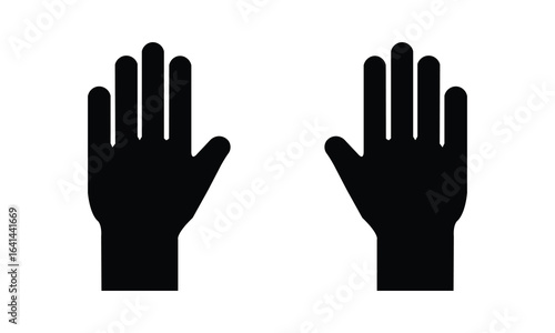 Black silhouette of two raised hands on a white background, symbolizing gesture, stop, attention, or greeting. Ideal for icons, safety signs, instructions, or communication-related designs.