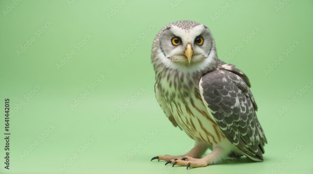 Naklejka premium Juvenile Owl with Large Yellow Eyes Standing on Green Background