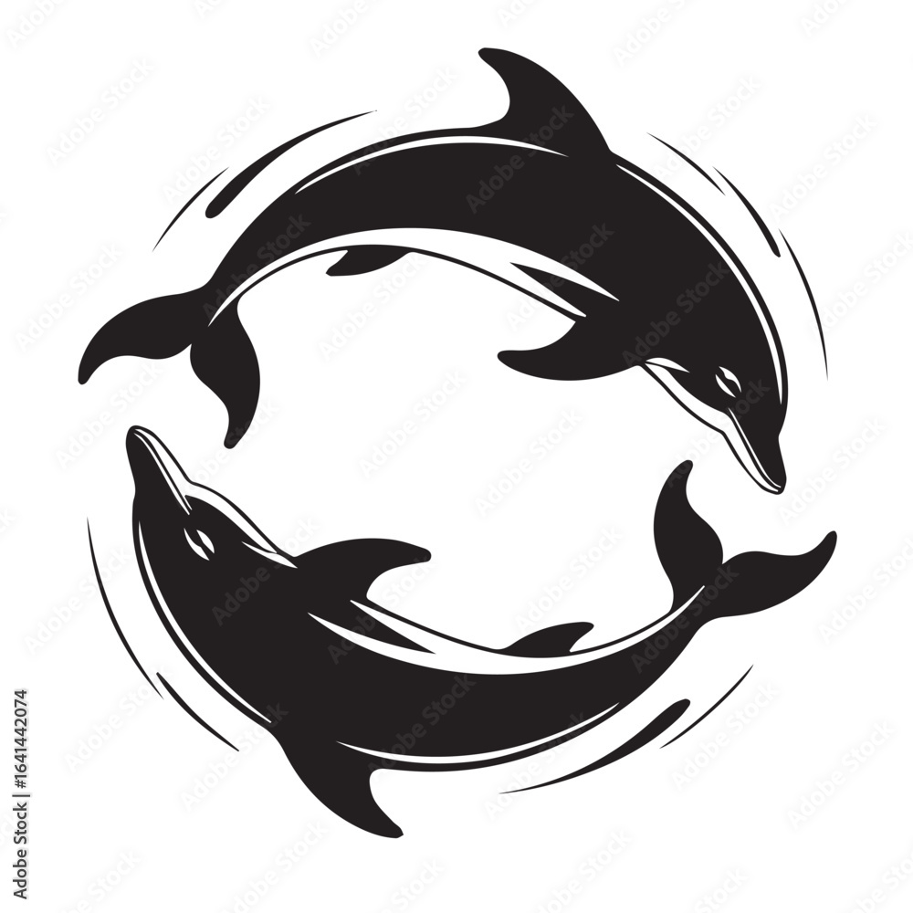Obraz premium Two black dolphins swimming in a circle with a brushstroke effect