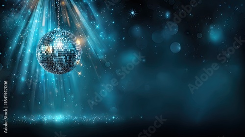 Reflective disco ball in a dark blue backdrop with light beams.