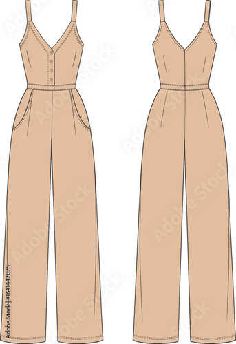 Women's beige jumpsuit with wide-leg pants, sleeveless design, buttons front closure, casual fashion outfit, summer style, vector illustration