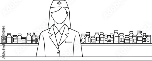Pharmacist with Medicine Bottles on Shelf, Healthcare Outline Style