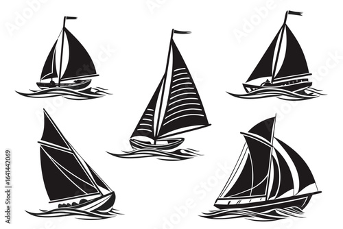Collection of five vintage sailing boats in black and white illustration style
