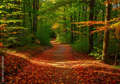 Autumn Forest Path Covered with Colorful Leaves