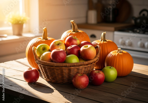 red apples, green apples and pumpkins in a basket with kitchen background and morning sunlight