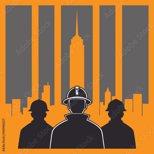 New York City Firefighters Silhouette Illustration with Skyscrapers Memorial Graphic Design