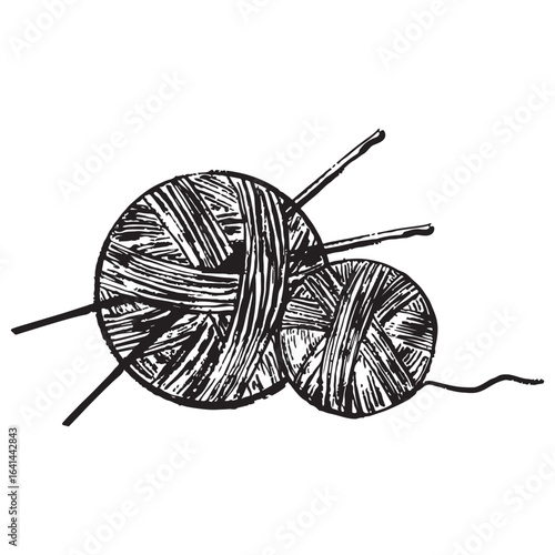 Two wool yarn balls with needles as a concept of knitting in black brush stroke texture isolated on white. Hand drawn vector sketch illustration in vintage charcoal ink. Hobby, hand made clothes