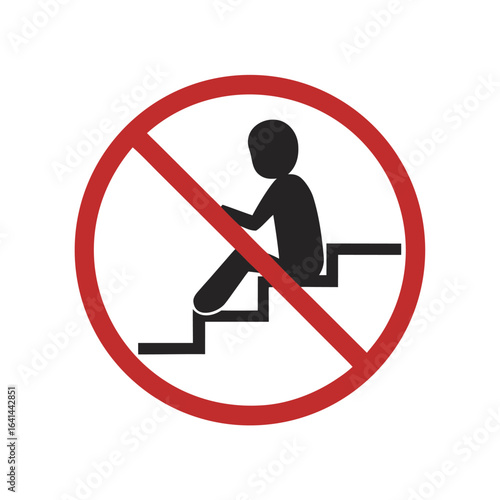 Isolated red round sign of do not sit on stairs, prohibited to sit, loiter or block of stair way, crossed out
