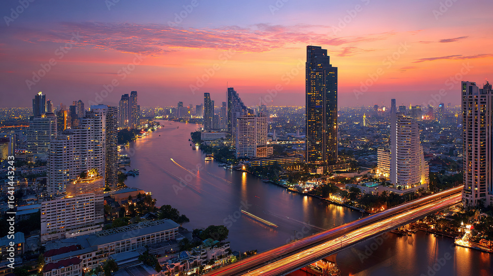 Obraz premium Modern City Skyline with Towering Skyscraper, Dense Architecture, and Warm Sunrise or Sunset Light