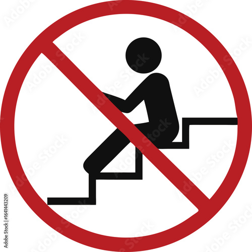 Isolated red round sign of do not sit on stairs, prohibited to sit, loiter or block of stair way, crossed out

