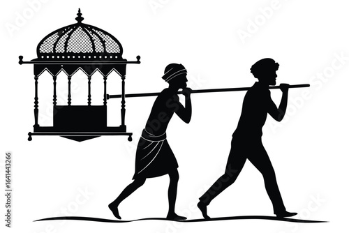 Two men carrying a decorative pavilion on their shoulders