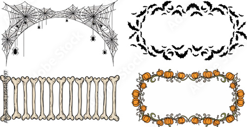 Spooky Halloween borders and frames featuring bats, spiders, bones, and pumpkins for festive designs