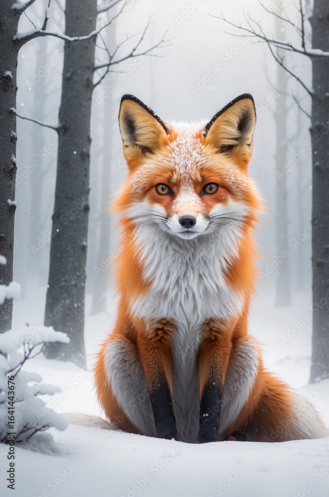 Obraz premium Red fox sitting gracefully in a snowy forest landscape during winter day Generative AI