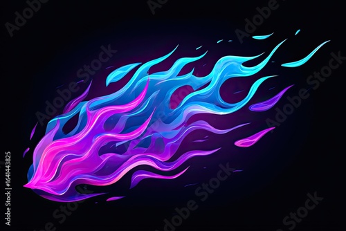 Abstract vibrant neon flame, shaped like a comet, against a black backdrop.  Colorful, dynamic, and glowing