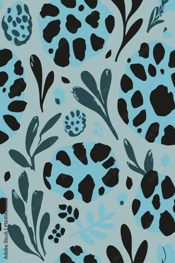 Fototapeta premium Summer Trend Abstract exotic shapes and floral leopard, jaguar themed, leaf and jungle muted and pastel colors, fashionable summer style enjoy, woman wear seamless vector art hand drawn pattern 
