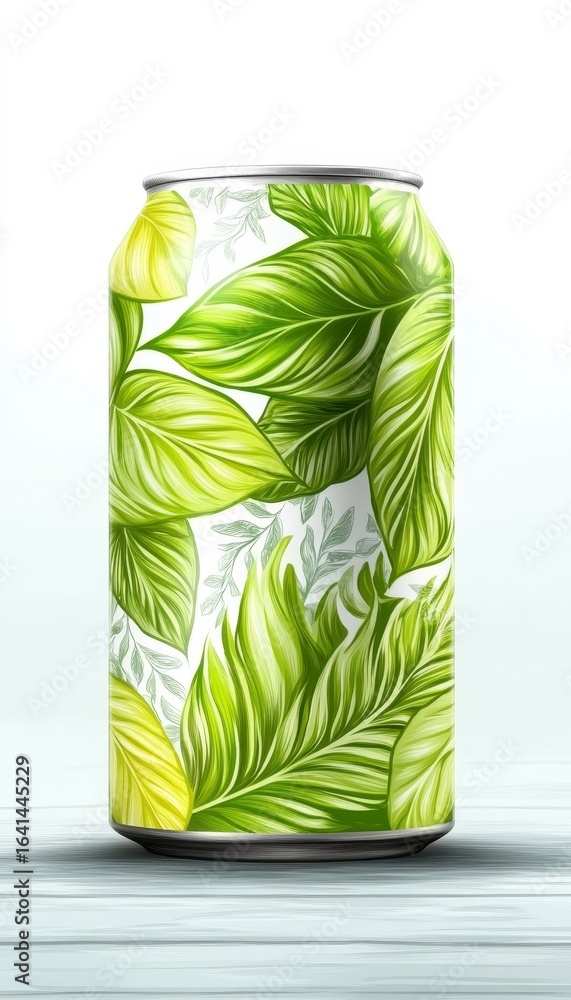 Fototapeta premium Chic Beverage Can Design with Vibrant Tropical Leaves and Refreshing Summer Aesthetic in Green