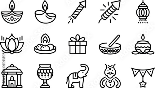 Collection of indian festival icons including diyas fireworks lanterns lotuses gifts drums elephants and celebratory banners