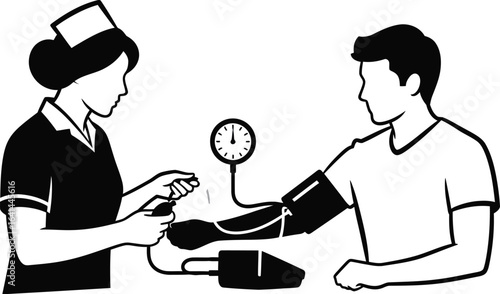 Blood pressure measurement by nurse on patient arm, health checkup