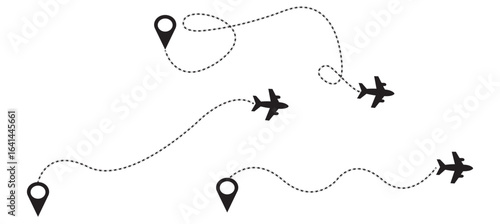 Outline Flying Plane Direction Background. Airplane travel path. Flight Routes Black and White Icon with Long Shadow.  Transportation and travel concept.