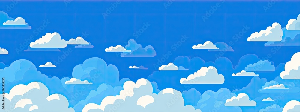 Cartoonish cloudscape.  A vibrant blue sky filled with fluffy white clouds of varying shapes and sizes.  A wide view of the atmosphere Cartoonish cloudscape.  A vibrant blue sky filled with fluffy white clouds of varying shapes and sizes.  A wide view of the atmosphere