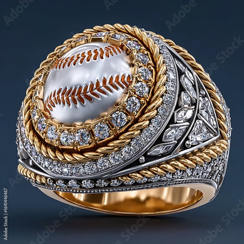 High-end baseball trophy ring with diamond accents high resolution picture