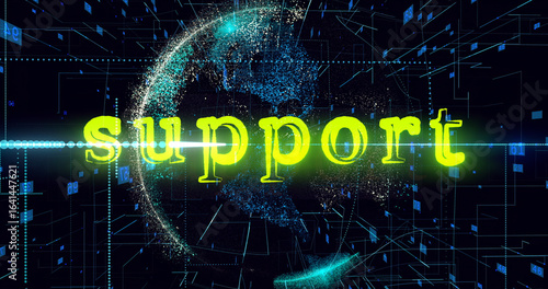 Support title, Animation of data processing over globe. Concept Artificial intelligence, new product, in-app help, customer support