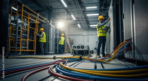 Artificial intelligence data center under construction with heavyduty network cables and server enclosures being installed by specialized staff.