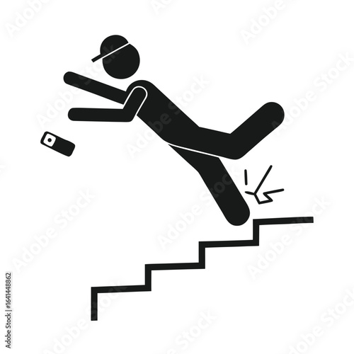 Isolated pictogram of man fall on stair with phone, for safety sign do not use mobile phone on stairs
