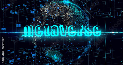 Metaverse title, Animation of data processing over globe. Concept Artificial intelligence, new product, computing, cyberspace, neural networks, new virtual reality