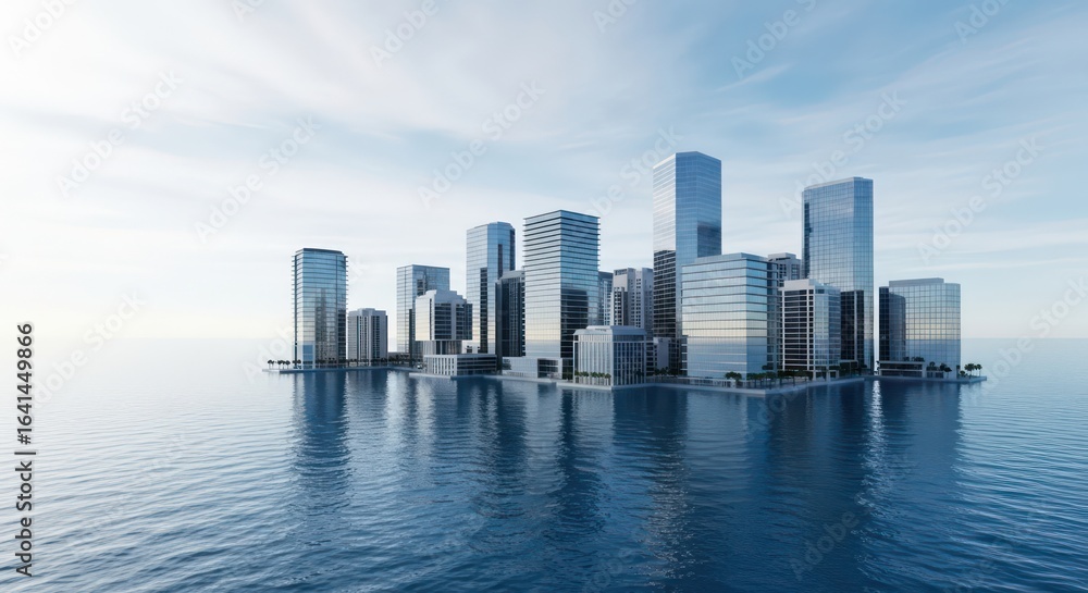 Fototapeta premium Solitary Metropolis: A Modern Glass Cityscape Rising from the Ocean