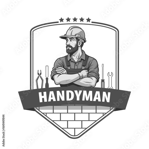 Handyman in work clothes and construction helmet in gray. Professional handyman services with tools. Concept handyman service of high quality for your web site design, logo. EPS10.