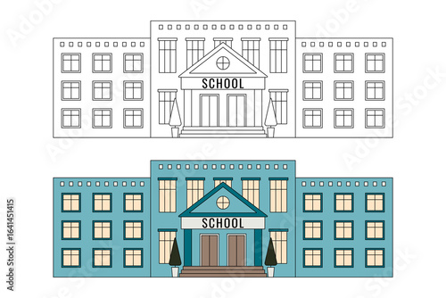 Classic School building. Drawing Outline and colorful vector illustration school building. Educational institution. School icons