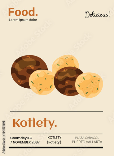 Kotlety Food vector posters. Typography design Great Indian Food and vectorized illustrations on the background  for postcard, poster, greeting card.