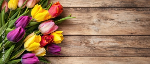 Colorful Tulips Arranged on Rustic Wooden Surface in Bright Light