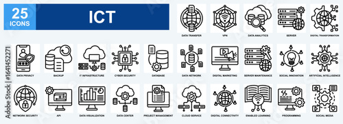 Information And Communication Technology (ICT) icon set collection. Containing design Data Transfer, Digital Transformation, Data Privacy, Network Security, Digital Connectivity